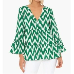 Pomander‎ Place Tuckernuck Ikat Kenzo Green Ruffle Sleeve V-Neck Blouse XXL